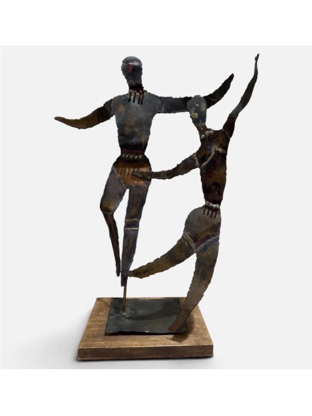 Vintage Brutalist Sculpture 17” Metal Torch Cut Wood Base Modernist Abstract